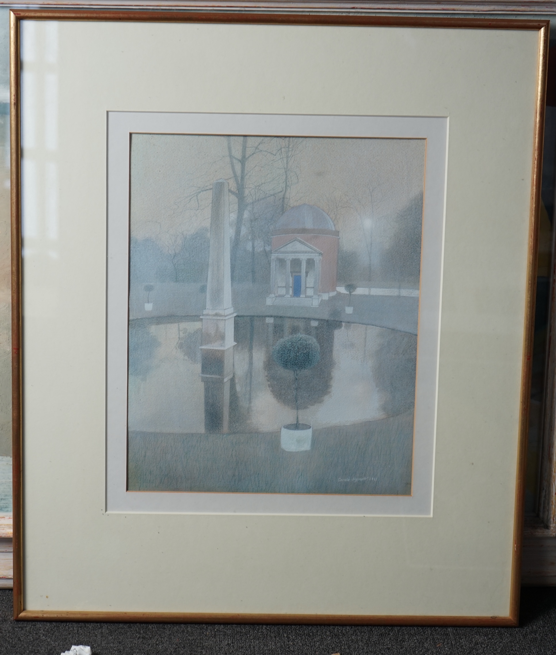 Gerald Mynott (English, b.1957), watercolour, 'Temple and Obelisk, Chiswick House', signed and dated 1981, Francis Kyle Gallery label verso 42 x 33.5cm. Condition - good